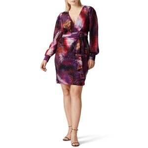 flor et.al Lauper Printed Chiffon Belted Long Sleeve Knee Length Dress Size 16